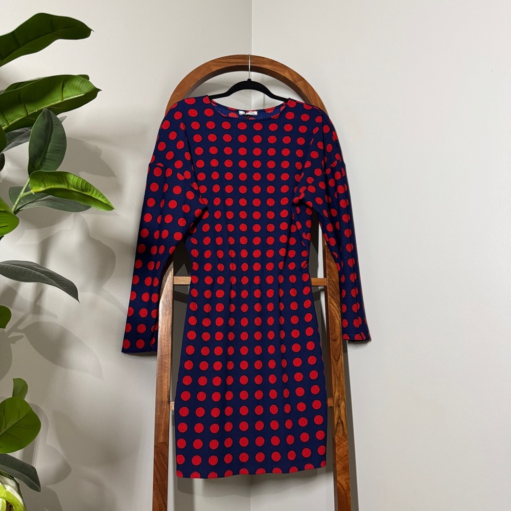 Zara MEDIUM Blue Red Polka Dot Long Dolman Sleeve Dress NEW